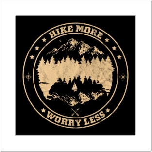 Hike More Worry Less - Retro Vintage Mountain Hiking Camping Posters and Art